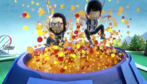 The animated Fanta Crew catch fruit, ride roller coasters and land in a pool filled with bubbles.